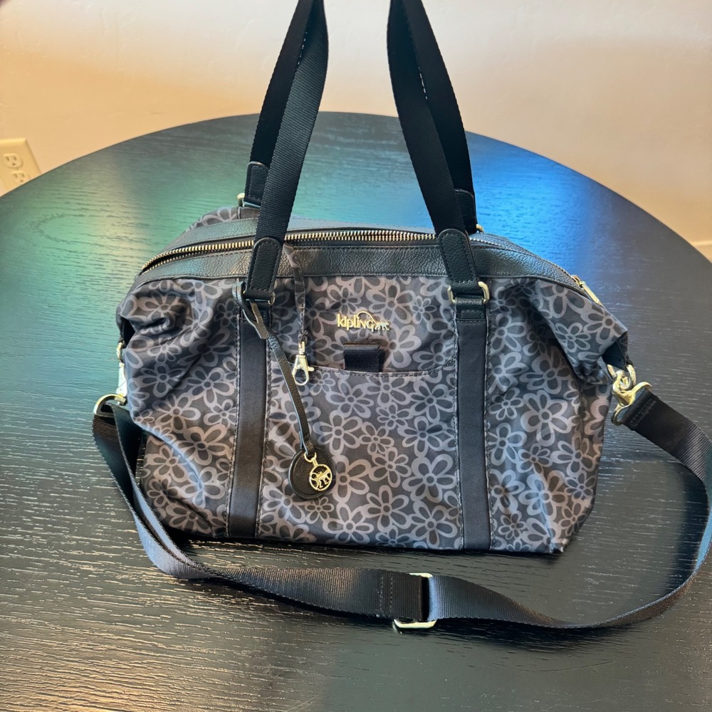 Kipling Black Grey Floral Nylon Satchel Crossbody Bag Gold Hardware Charm